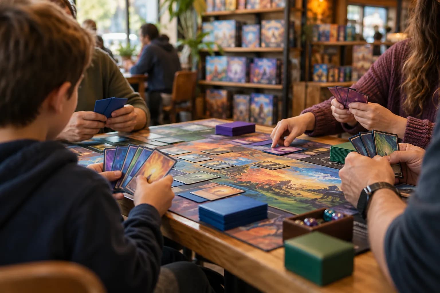 Kids and adults playing a trading card game around a table in a local game store.