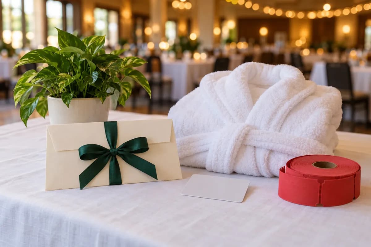 A gift certificate envelope with a green ribbon, a hotel key card, a folded white robe and a roll of red raffle tickets on a prize table