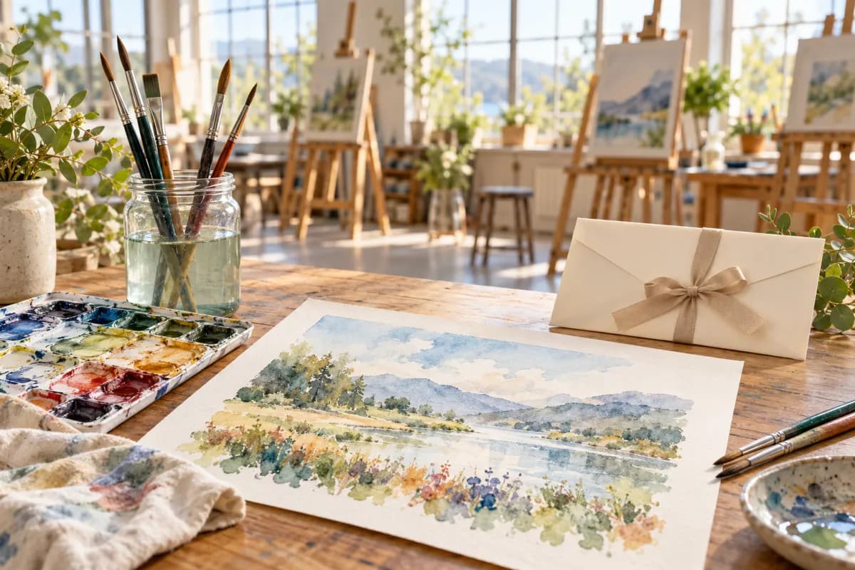 An art studio table set for a watercolor class with a half-finished landscape, paints, brushes and a gift voucher envelope