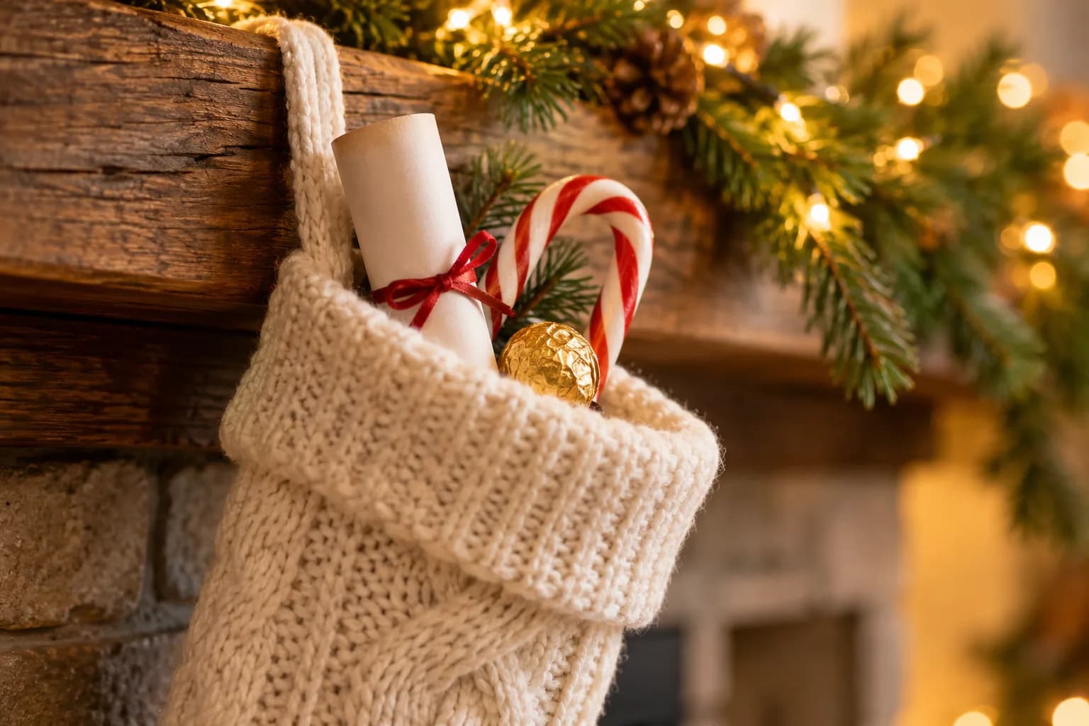 A cream knit Christmas stocking with a rolled paper scroll tied with red ribbon, a candy cane, and a gold foil chocolate