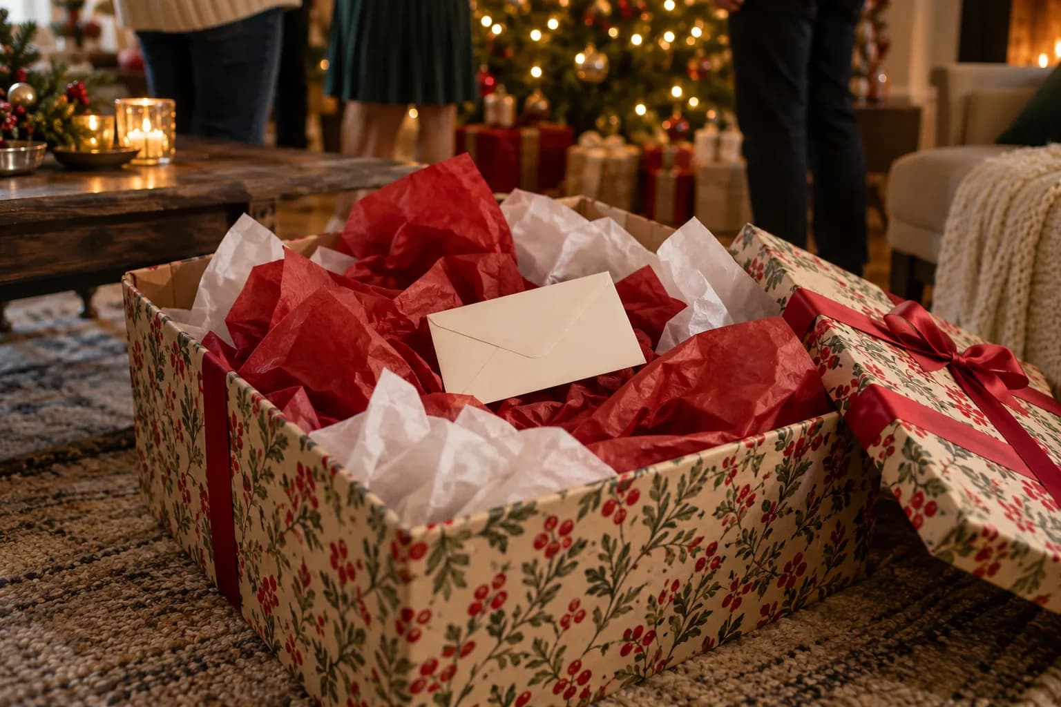An oversized gift box on a living room rug, opened to show red and white tissue paper with a small envelope on top