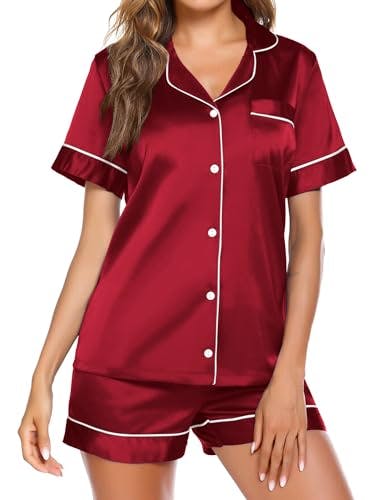 Ekouaer Loungewear Set Women's Satin Short Pajamas Summer Matching Set Silk Button Down Notch Collar 2 Piece Pjs Sleepwear Wine,XL