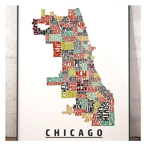 Chicago neighborhood map print, signed print of my original hand drawn Chicago typography map art
