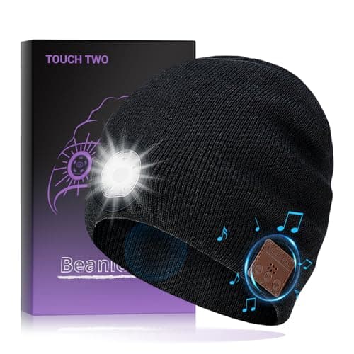 TOUCH TWO Bluetooth Beanie with Light, Wireless Headphones with Stereo Sound, Warm Knitted Music Cap with Mic for Running Hiking Jogging, Unique Christmas Birthday Thanksgiving Gifts for Men Women