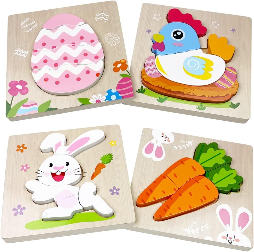 Anditoy 4 Pack Easter Wooden Puzzles Toys for Kids Toddlers Easter Basket Stuffers